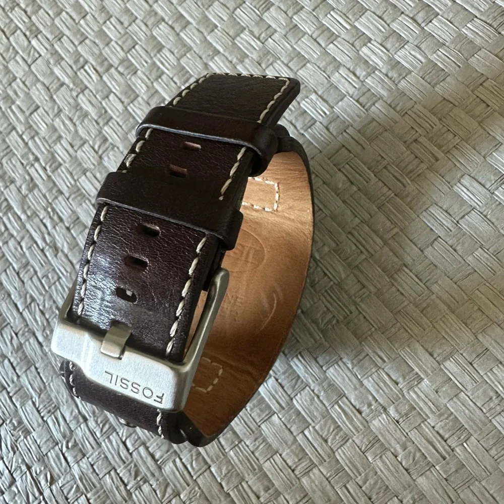 Fossil Silver and Brown Genuine Leather Square Watch